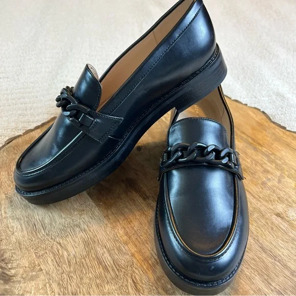 Marc Fisher Black Leather Loafers Lug with Chain Detail Slip On Festival - Picture 8 of 15